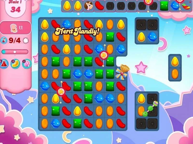 Candy Crush Power Saga gameplay screenshot showing colorful candies and power-ups